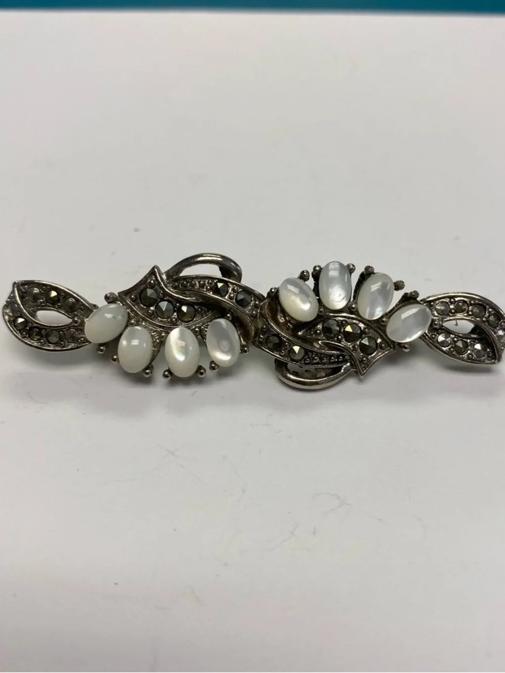 Vintage-Inspired White Cabochon & Marcasite Bar Brooch